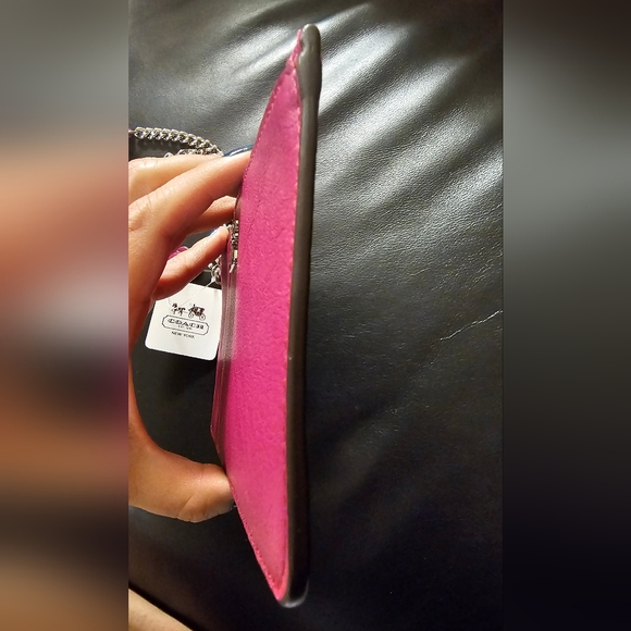 Coach Magenta Leather Slim Wristlet Clutch with silver chain New with Tags - Picture 9 of 14